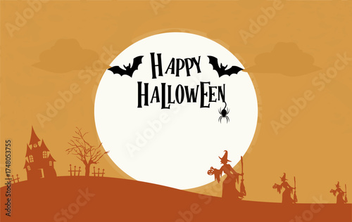 Halloween party card template - spooky castle, dead tree, full moon, bats and witches carrying pumpkins. Vector illustration.
