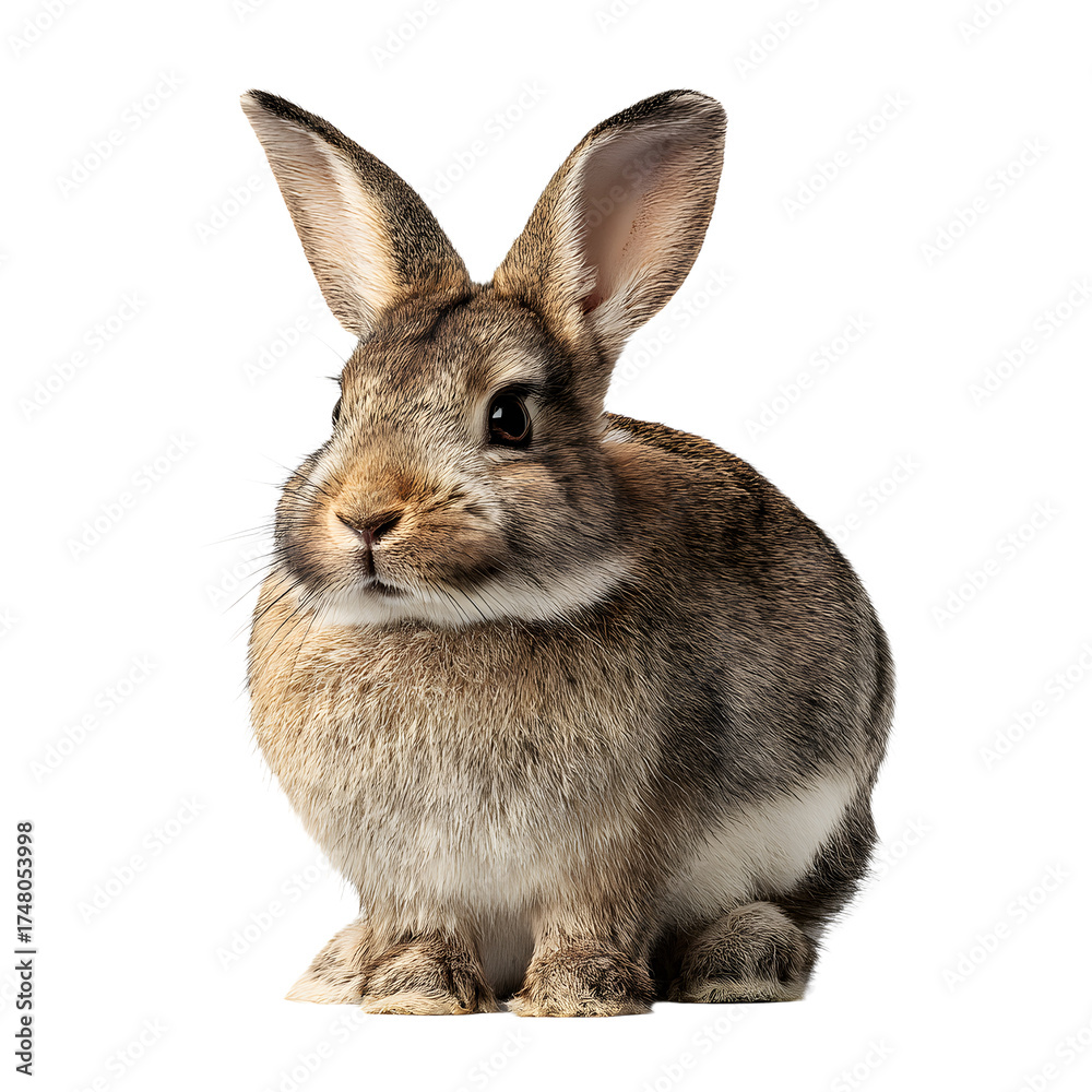 Obraz premium Brown and white fluffy rabbit sitting alone on white background