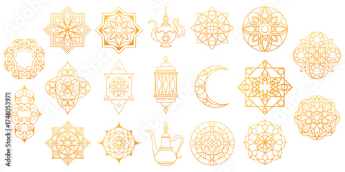 Islamic Ramadan ornament icons with golden lanterns, crescents and geometric stars for holiday decoration. Traditional arabesque patterns with mosque symbols. Cultural motifs and festive designs.
