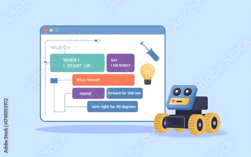 A robot and coding language on a screen. The robot is ready for work 