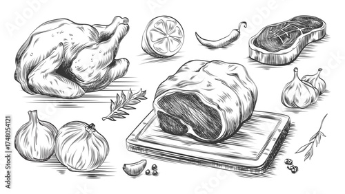 Hand drawn sketch of raw meat piece with chicken, steak and vegetable ingredients for culinary illustration. Vintage engravings of poultry, onions and herbs. Butcher shop artwork and recipe components