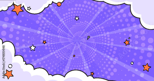 Comic purple background with radiant sunburst pattern, fluffy white clouds on borders, superhero stars and celestial elements. Retro pop art style for dynamic presentations or cartoon projects.