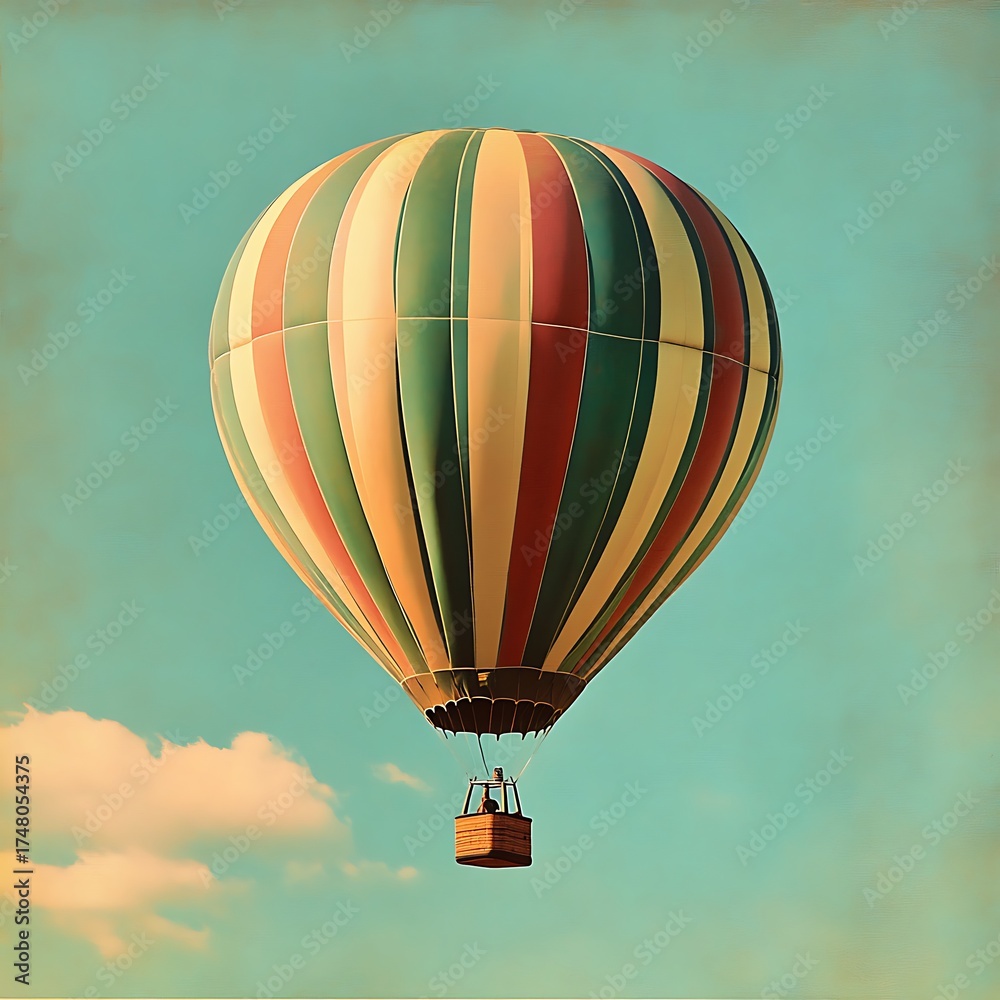 Fototapeta premium Colorful hot air balloon floats serenely against a soft blue sky with wispy clouds