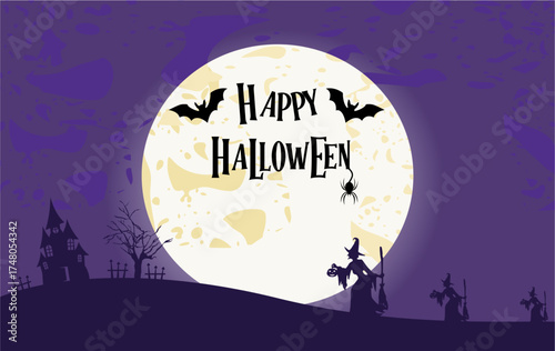 Halloween party card template - spooky castle, dead tree, full moon, bats and witches carrying pumpkins. Vector illustration.