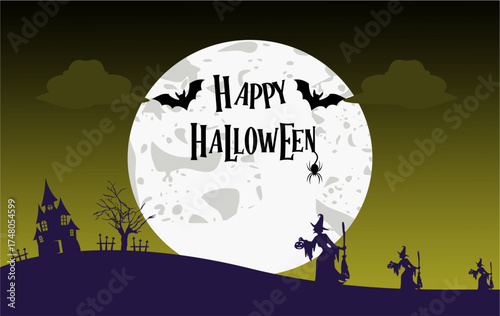 Halloween party card template - spooky castle, dead tree, full moon, bats and witches carrying pumpkins. Vector illustration.