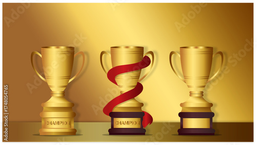Golden Trophy Cups Vector Illustration – Three Champion Awards with Red Ribbon on Elegant Background