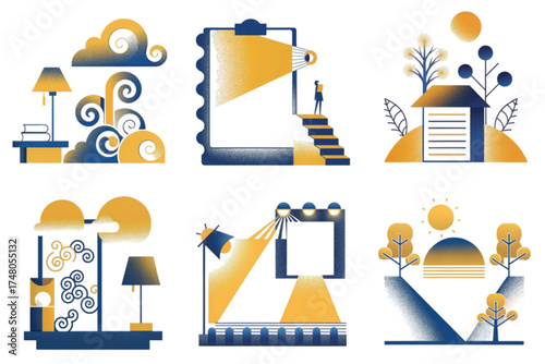 Abstract illustrations of home environments in blue and yellow colors  