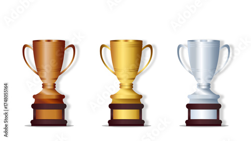 Gold Silver and Bronze Trophy Cups Vector Illustration – Champion Awards for First Second and Third Place