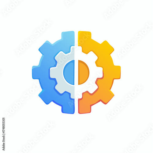 A stylized graphic of two interlocking gears, one half blue and the other half orange, symbolizing partnership and integration.