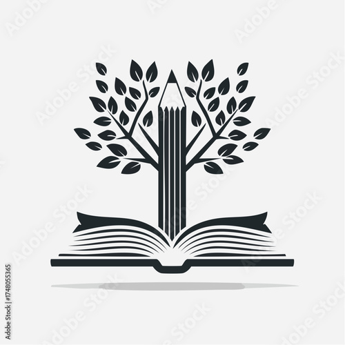 Illustration of a pencil tree growing from an open book, symbolizing knowledge and education.