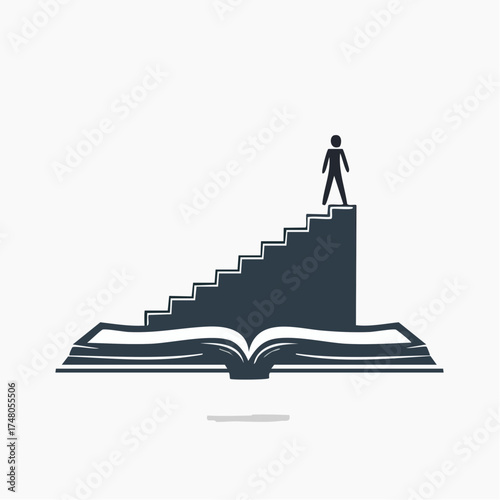 An open book with stairs leading to a person standing at the top, representing knowledge.