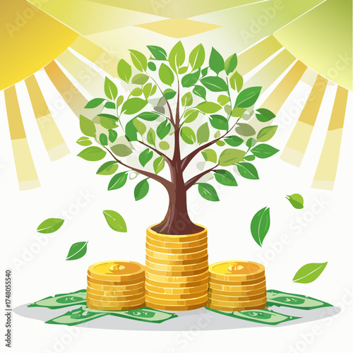 A stack of coins growing into a tree with leaves made of banknotes under sunlight.