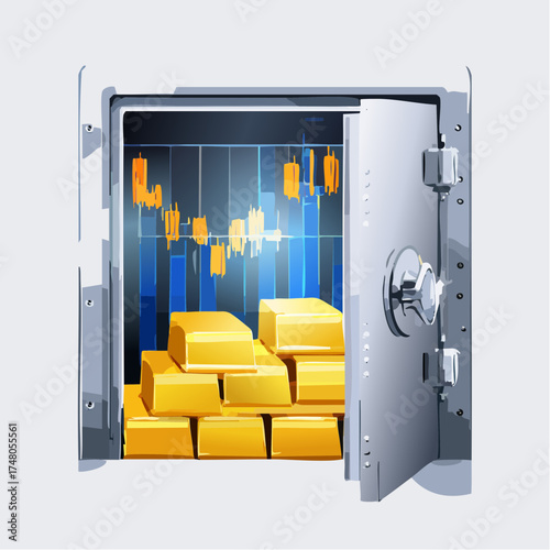 A vault door opening to reveal glowing financial charts and shining gold bars inside.