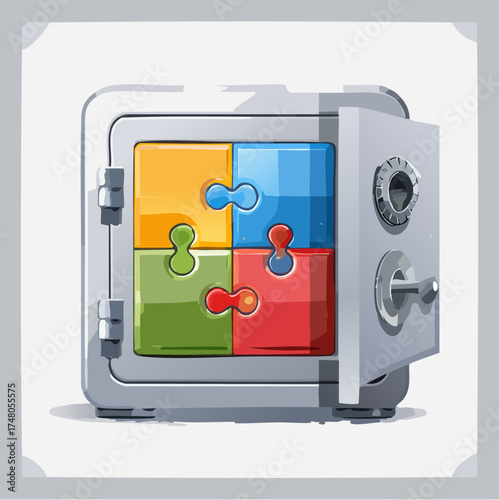 A safe illustrated as a puzzle box with intricate pieces representing financial goals unlocking it.
