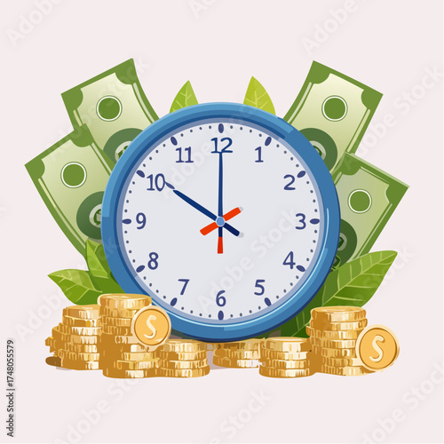 A clock surrounded by coins and banknotes showing the concept of financial time management.