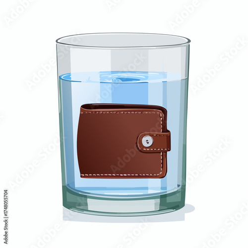 A small, empty leather wallet is submerged halfway in a glass of clear, clean, running water.
