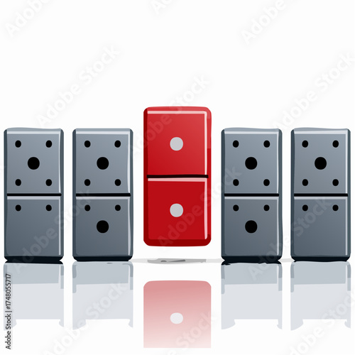 A row of perfectly aligned, polished dominos is interrupted by a single, oversized, dark red block.