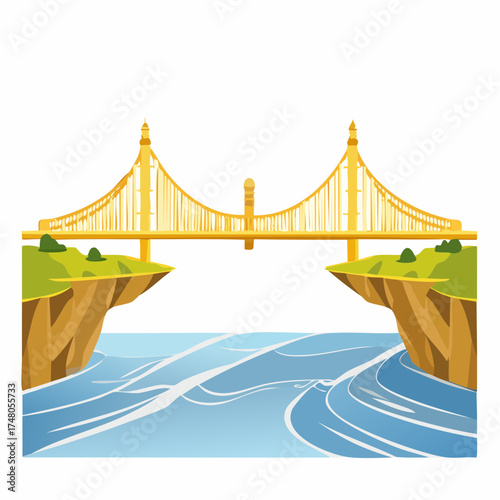A golden bridge, symbolizing investment, perfectly connects two isolated, jagged landmasses.