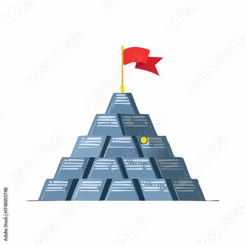 A tiny, red flag signals a warning atop a towering mountain range made of neatly stacked credit cards.