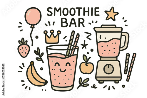 Cute Smoothie Bar Doodle. Smoothie bar illustration doodle style: hand drawn glass with smile, fruits, crown, star, balloon,
