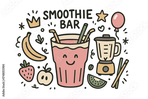 Cute Smoothie Bar Doodle. Smoothie bar illustration doodle style: hand drawn glass with smile, fruits, crown, star, balloon,