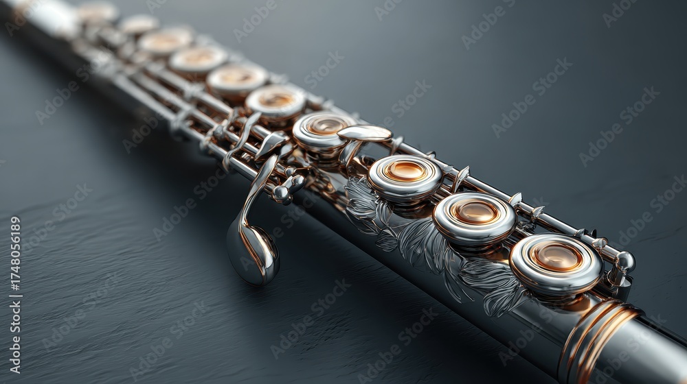 Fototapeta premium An extremely detailed macro shot of a silver flute with gleaming golden keys and intricate mechanisms resting on a dark, wet, reflective surface, emphasizing texture and light.