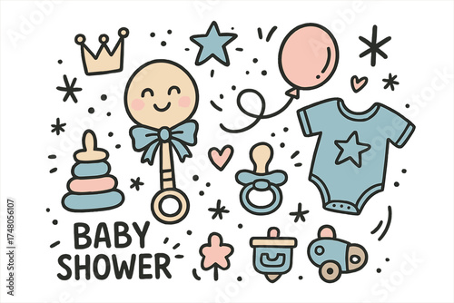 Cute Baby Shower Doodle. Baby shower illustration doodle style: hand drawn rattle with smile, crown, star, balloon, pacifier,