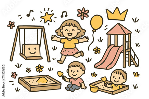 Whimsical Playground Doodle. Outdoor playground illustration doodle style: hand drawn swing with smile, crown, star, balloon,