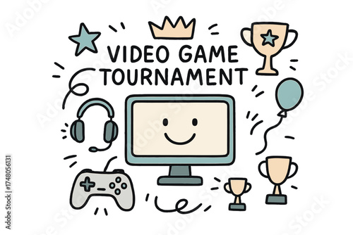 Doodle Gaming Tournament. Video game tournament illustration doodle style: hand drawn screen with smile, controller, crown, star,