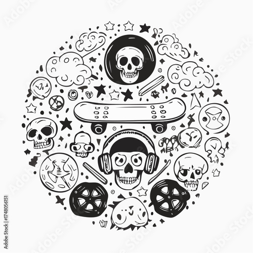 A circular composition of hand-drawn skater-themed doodles including skulls, a skateboard, and headphones.