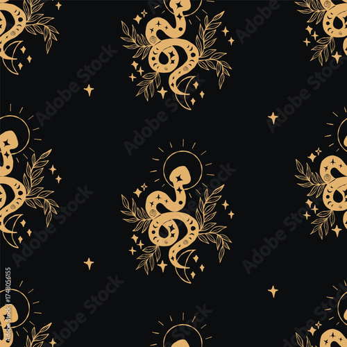 Mystical Seamless Pattern with Golden Snake with Sun, Moon and Plants Leaves on Black Background. Elegant Repeating Cosmic Textured Hand Drawing. Mysterious template. Vector illustration. Not AI