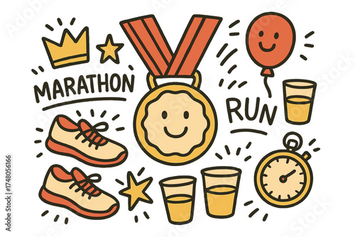 Marathon Doodle Medley. Running marathon illustration doodle style: hand drawn medal with smile, crown, star, balloon, shoes,