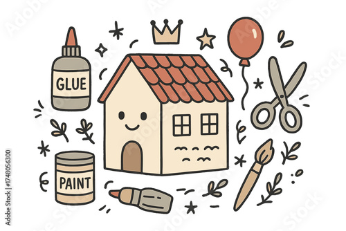 Cute Miniature House Art. Model building hobby illustration doodle style: hand drawn miniature house with smile, crown, star,