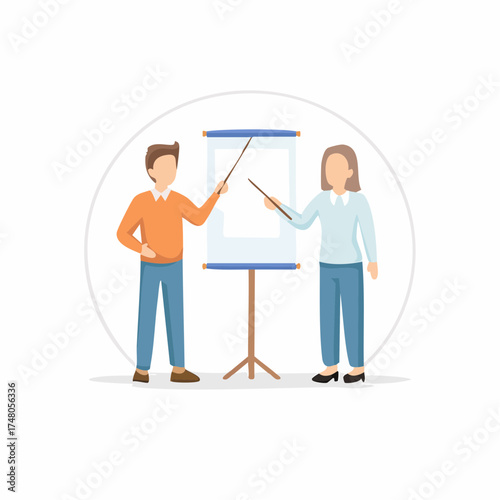 A man and a woman pointing at a blank flip chart during a business presentation or training session.