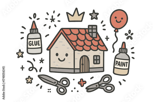 Cute Miniature House Art. Model building hobby illustration doodle style: hand drawn miniature house with smile, crown, star,