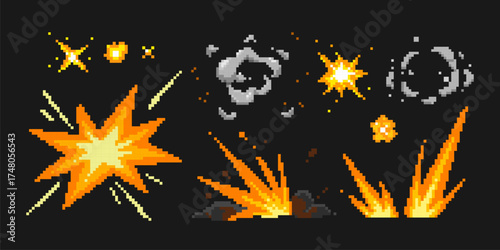 Pixel explosion effects with orange flames and smoke for retro game development or animation sprites. Yellow bursts, grey clouds and hot fire particles. 8 bit arcade action graphics collection.