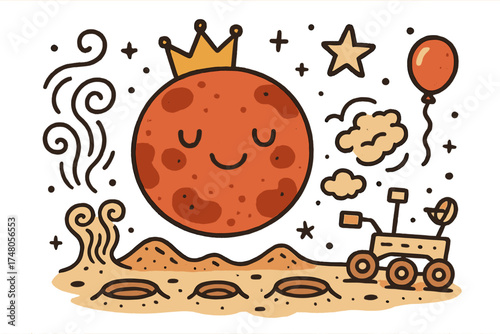 Cheerful Martian Landscape. Martian landscape illustration doodle style: hand drawn Mars with smile, crown, star, balloon, rover,