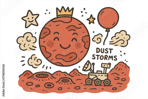 Cheerful Martian Landscape. Martian landscape illustration doodle style: hand drawn Mars with smile, crown, star, balloon, rover,