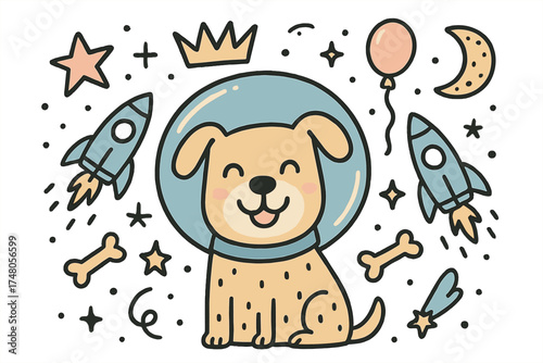Cosmic Dog Doodle. Cosmic pets illustration doodle style: hand drawn dog in space helmet with smile, crown, star, balloon, bones,