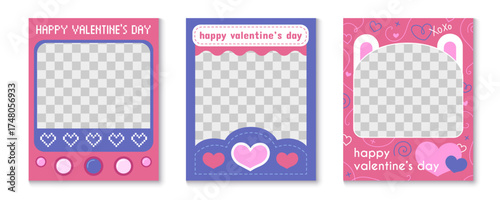 Love social media frame templates with hearts and valentine text for romantic post or story design. Pink, blue and white colors, pixel hearts and photo placeholders. Digital greeting card layouts.