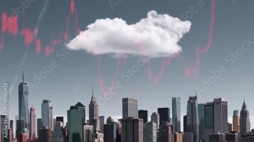 Cloud above cityscape with stock market charts