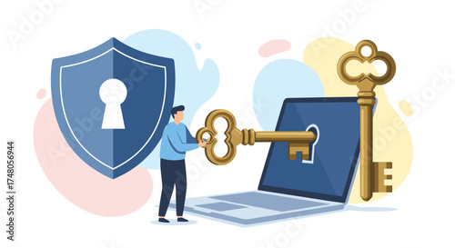 A person uses a golden key to unlock a laptop, symbolizing secure digital access, data protection, and online privacy in a modern flat illustration.