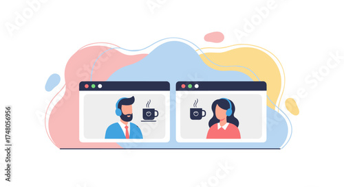 This modern flat illustration depicts a remote video conference call between two colleagues, a man and a woman, engaging in an online discussion with coffee.