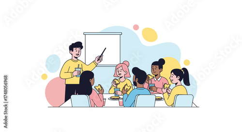 Diverse professionals engage in a dynamic business meeting, learning from a presenter at a whiteboard while enjoying a casual working lunch.