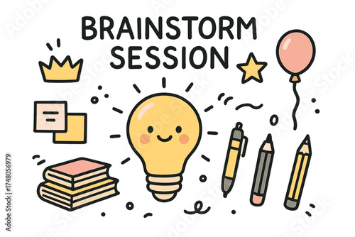 Cute Brainstorm Doodle. Brainstorm session illustration doodle style: hand drawn lightbulb with smile, crown, star, balloon,