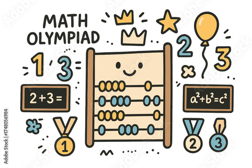 Math Olympiad Doodle. Math olympiad illustration doodle style: hand drawn abacus with smile, crown, star, balloon, numbers, medals