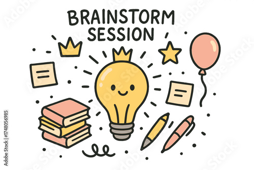 Cute Brainstorm Doodle. Brainstorm session illustration doodle style: hand drawn lightbulb with smile, crown, star, balloon,