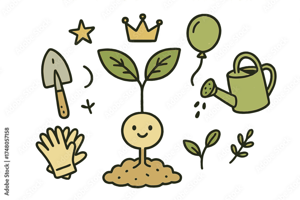 Fototapeta premium Cute Tree Planting Scene. Plant a tree illustration doodle style: hand drawn sapling with smile, crown, star, balloon, shovel,