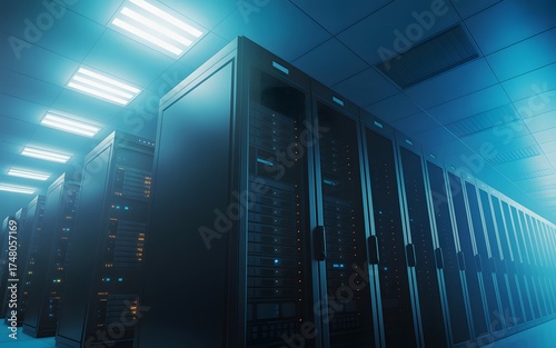 Modern data center filled with rows of servers, reflecting technological advancement. The servers are emitting a cold, blue glow, symbolizing the digital world.