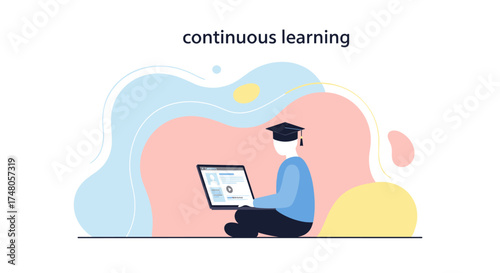 A dedicated student in a graduation cap engages in online learning, utilizing a laptop to foster continuous personal and professional development.